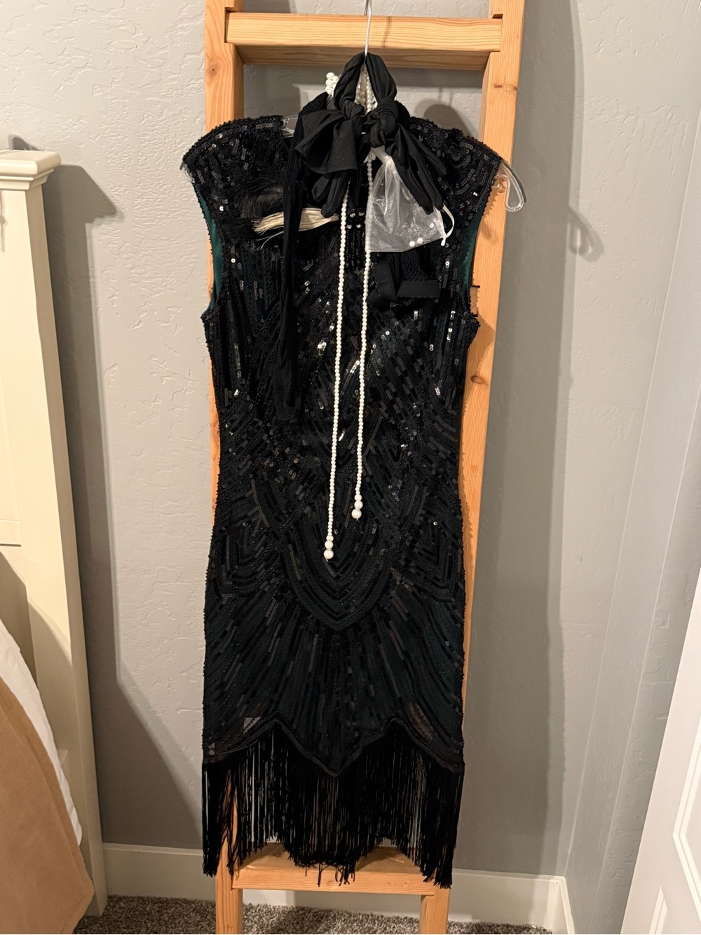Daisy Black Beaded Fringe Midi Dress with Pearl Tie